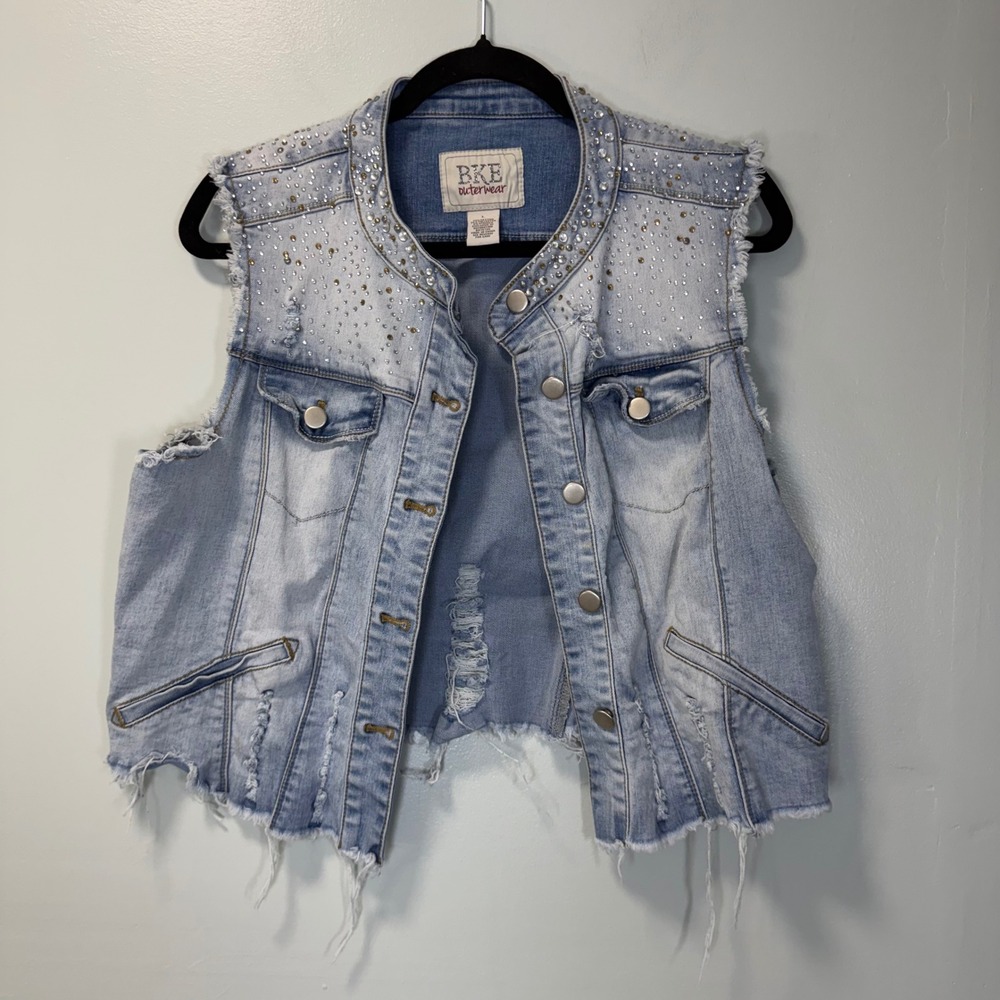BKE Outerwear Vintage Y2K Distressed Rhinestone Denim Cropped Vest Blue Large